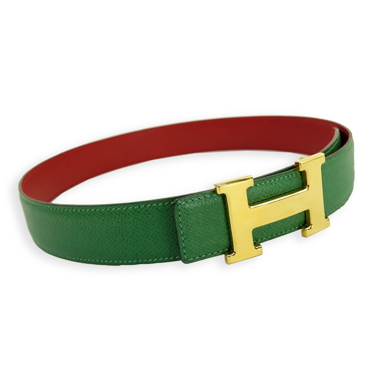 Hermes Bamboo/Rouge Epsom Leather and Gold H Belt