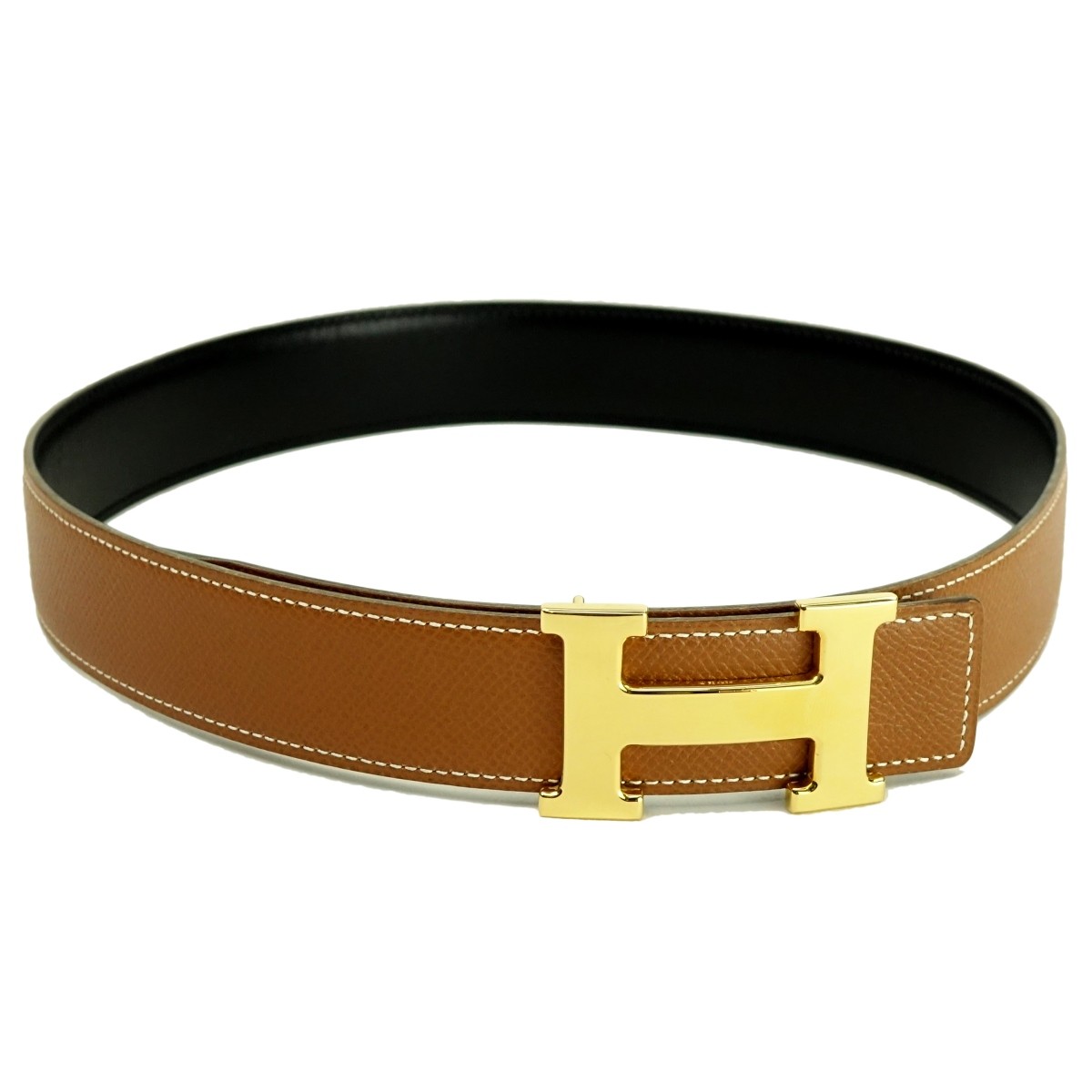 Hermes Brown/Black Epsom Leather and Gold H Belt