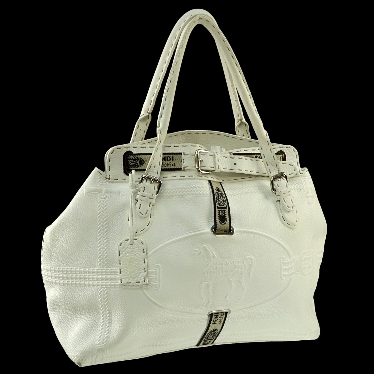 Fendi White Leather Selleria Tote Horse Bag