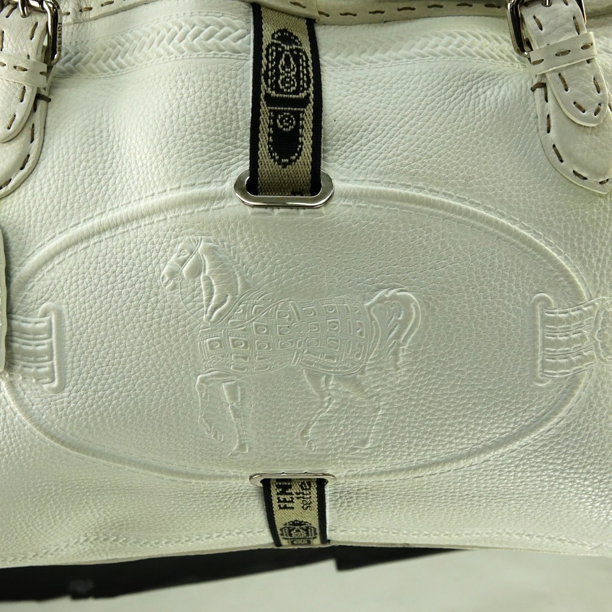 Fendi White Leather Selleria Tote Horse Bag
