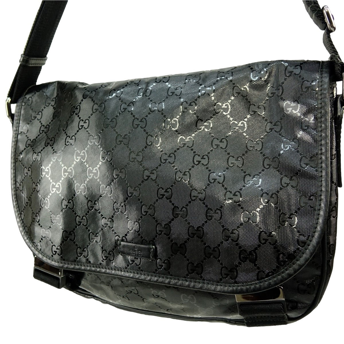 Gucci Black Coated Canvas Imprime Flap Messenger
