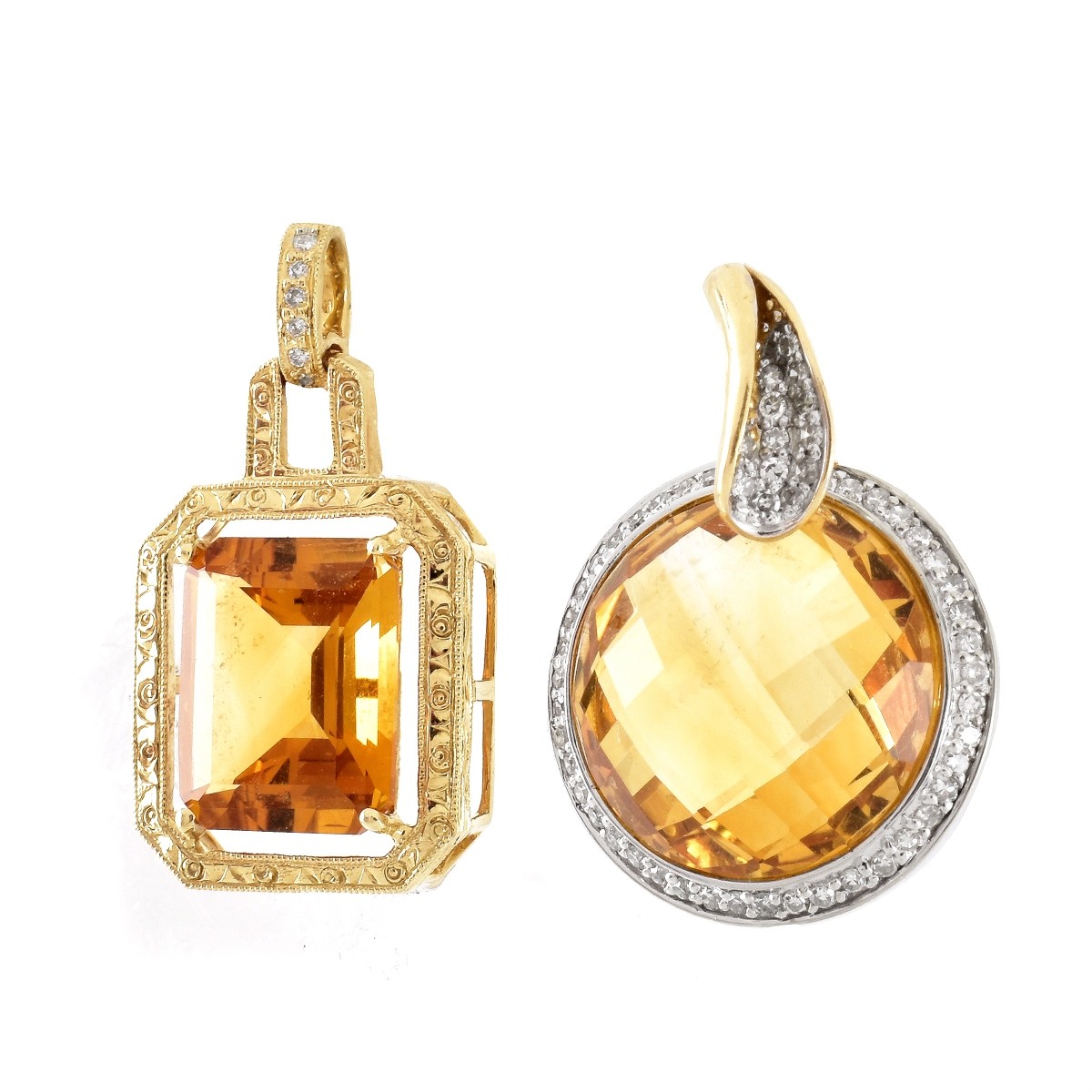 Two Citrine and 14K Gold Pendants
