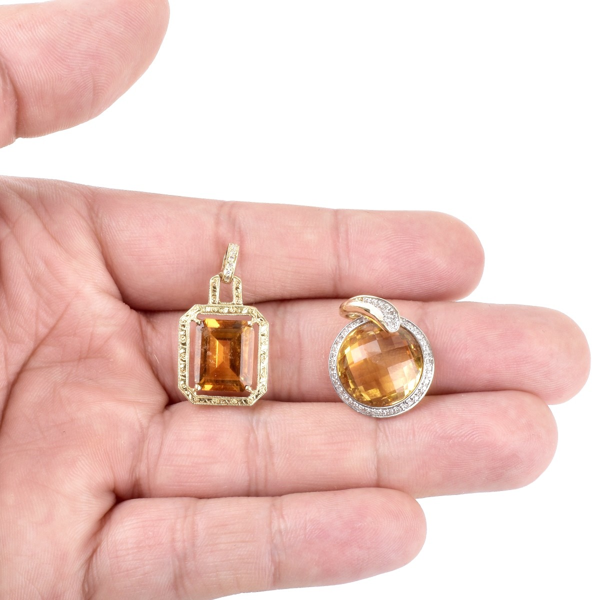 Two Citrine and 14K Gold Pendants
