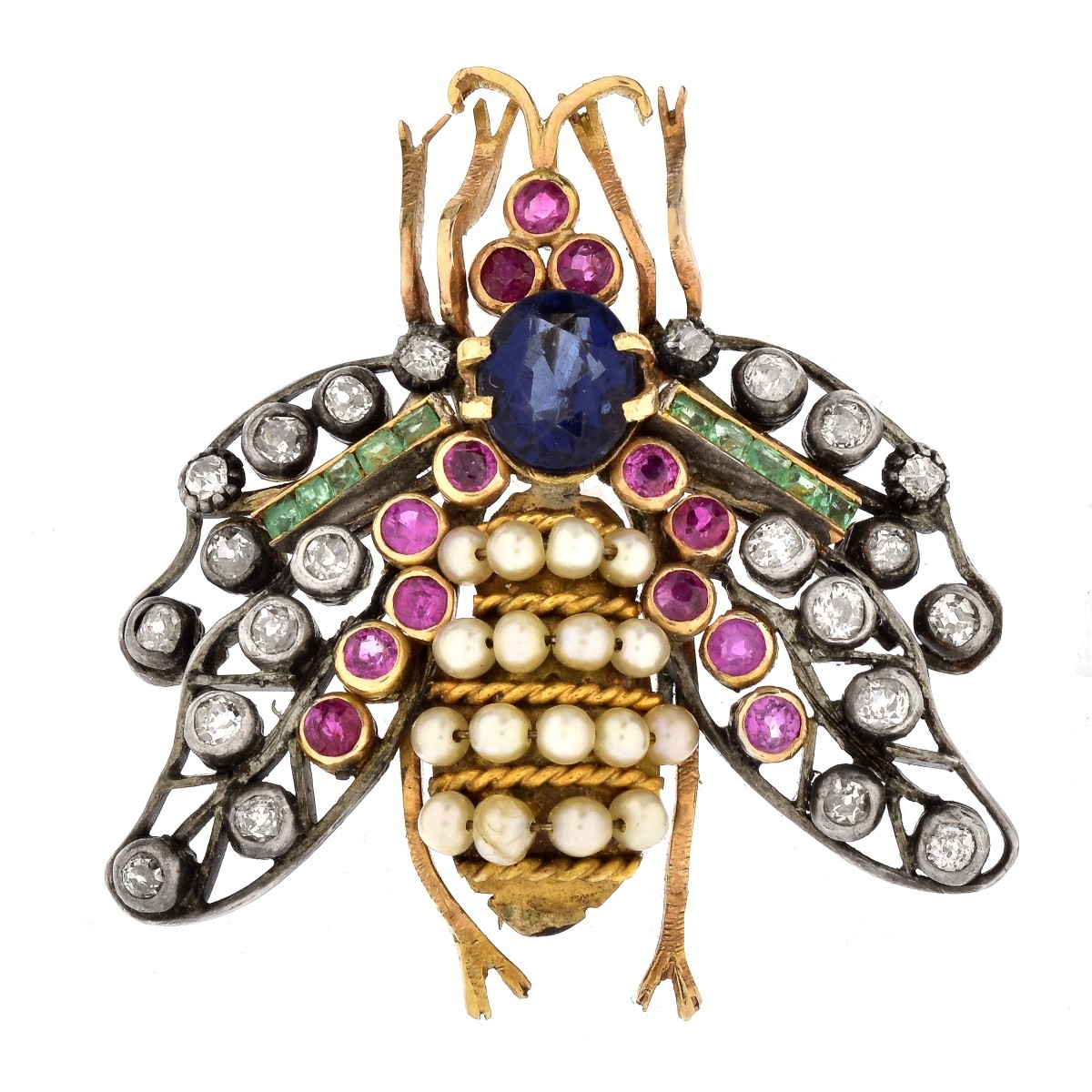 Antique Multi Gemstone and 14K Gold Bug Brooch