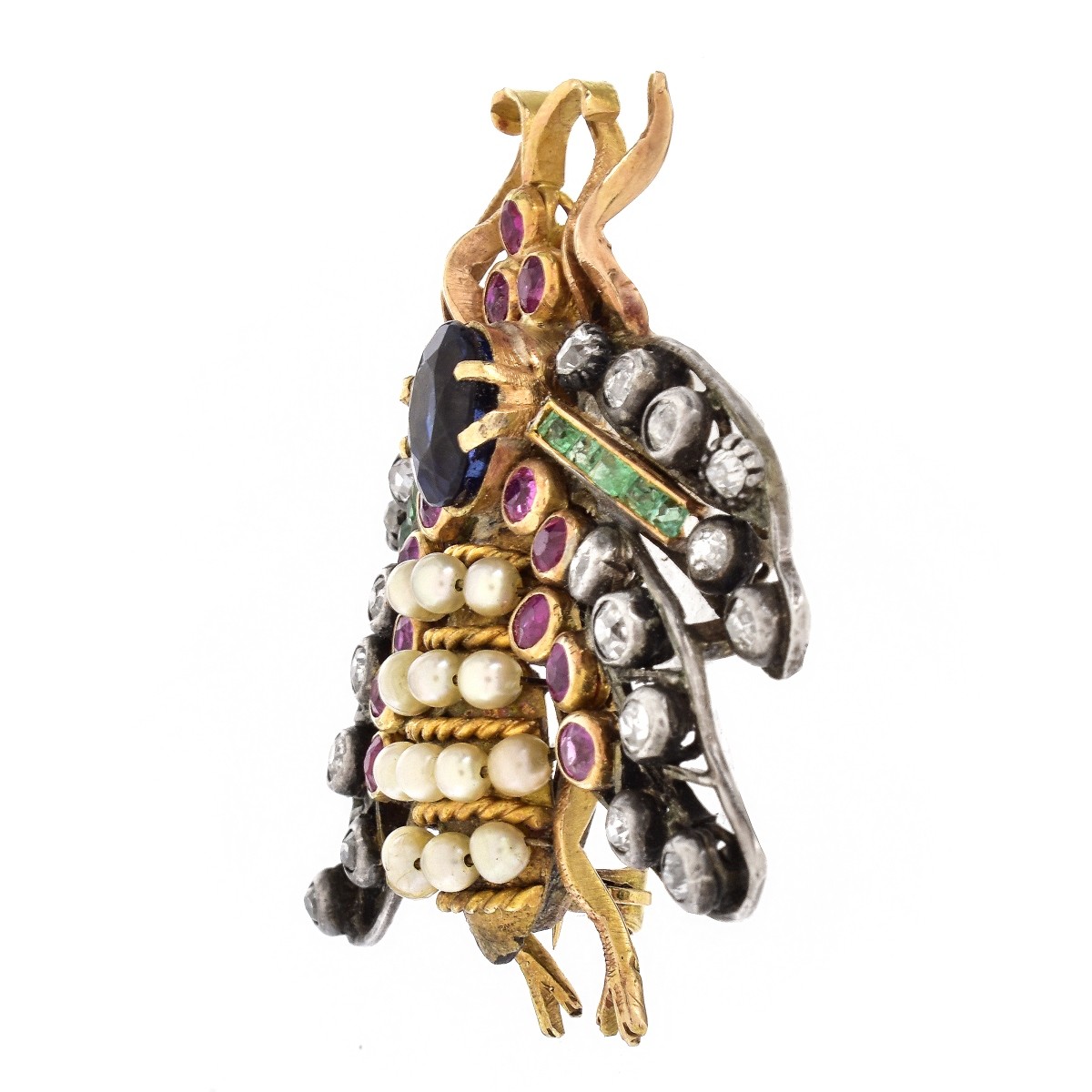 Antique Multi Gemstone and 14K Gold Bug Brooch