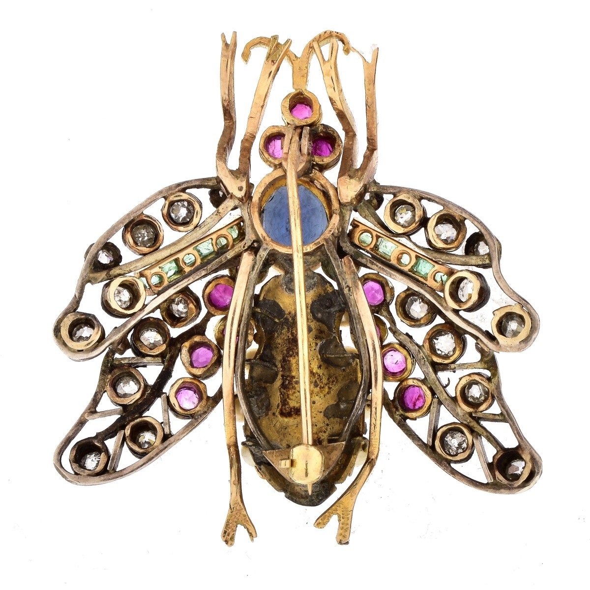 Antique Multi Gemstone and 14K Gold Bug Brooch