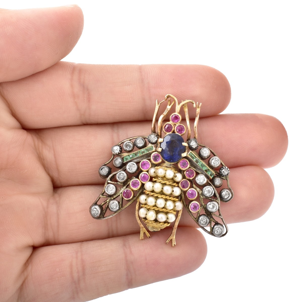 Antique Multi Gemstone and 14K Gold Bug Brooch