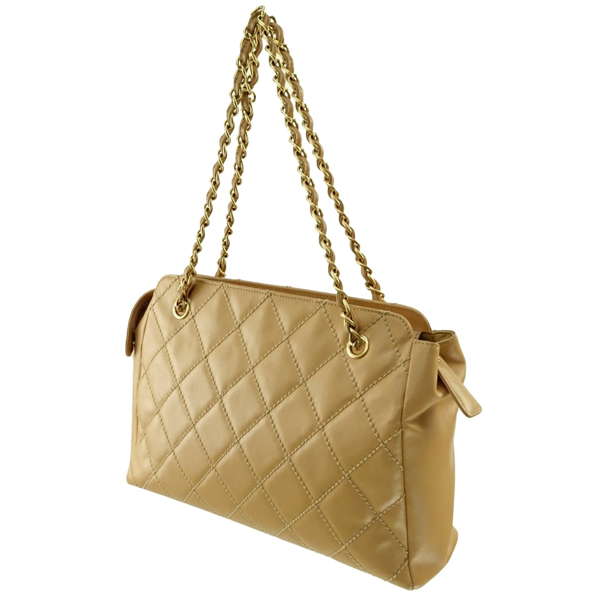 Chanel Beige Quilted Leather Zip Shopping Bag