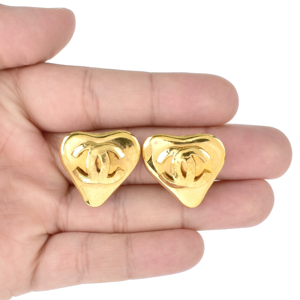 Chanel Gold Tone Heart Shape Enamel Clip Earrings