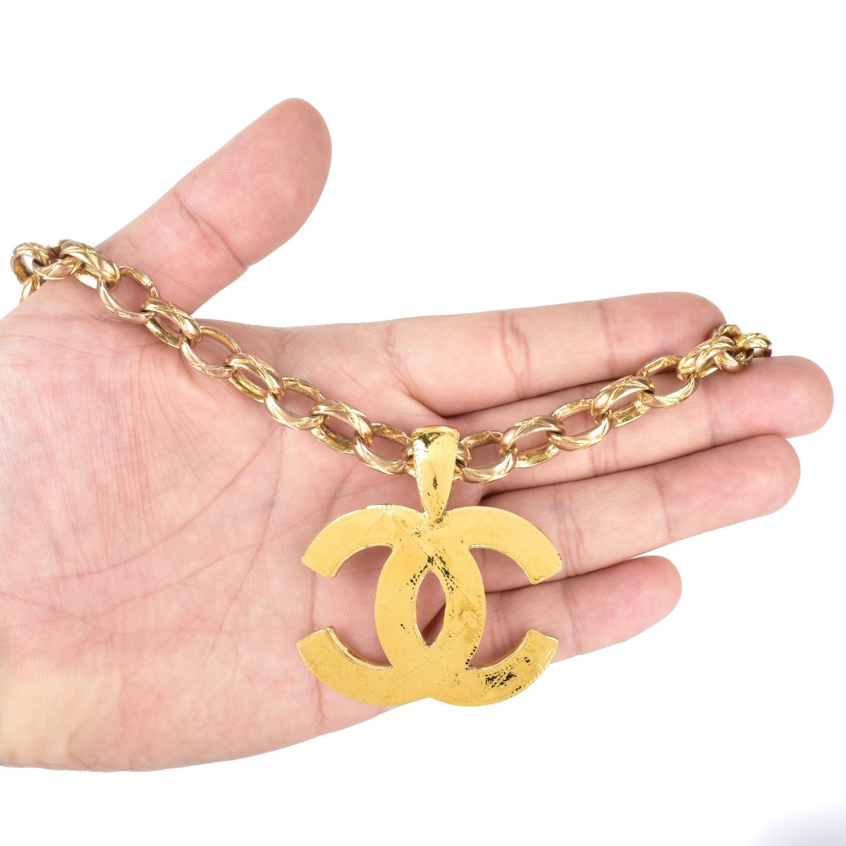 Chanel Gold Tone Matelasse Logo Necklace