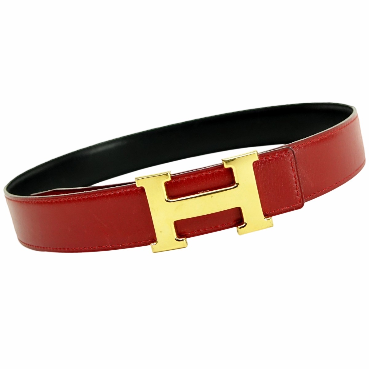 Hermes Rouge/Black Leather and Gold H Belt 70