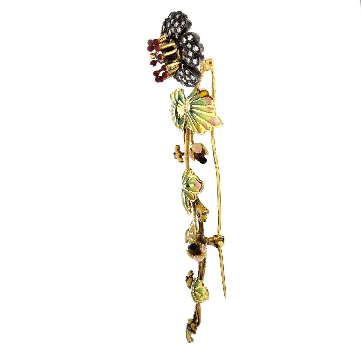 Vintage 18K Gold, Diamond and Enamel Brooch