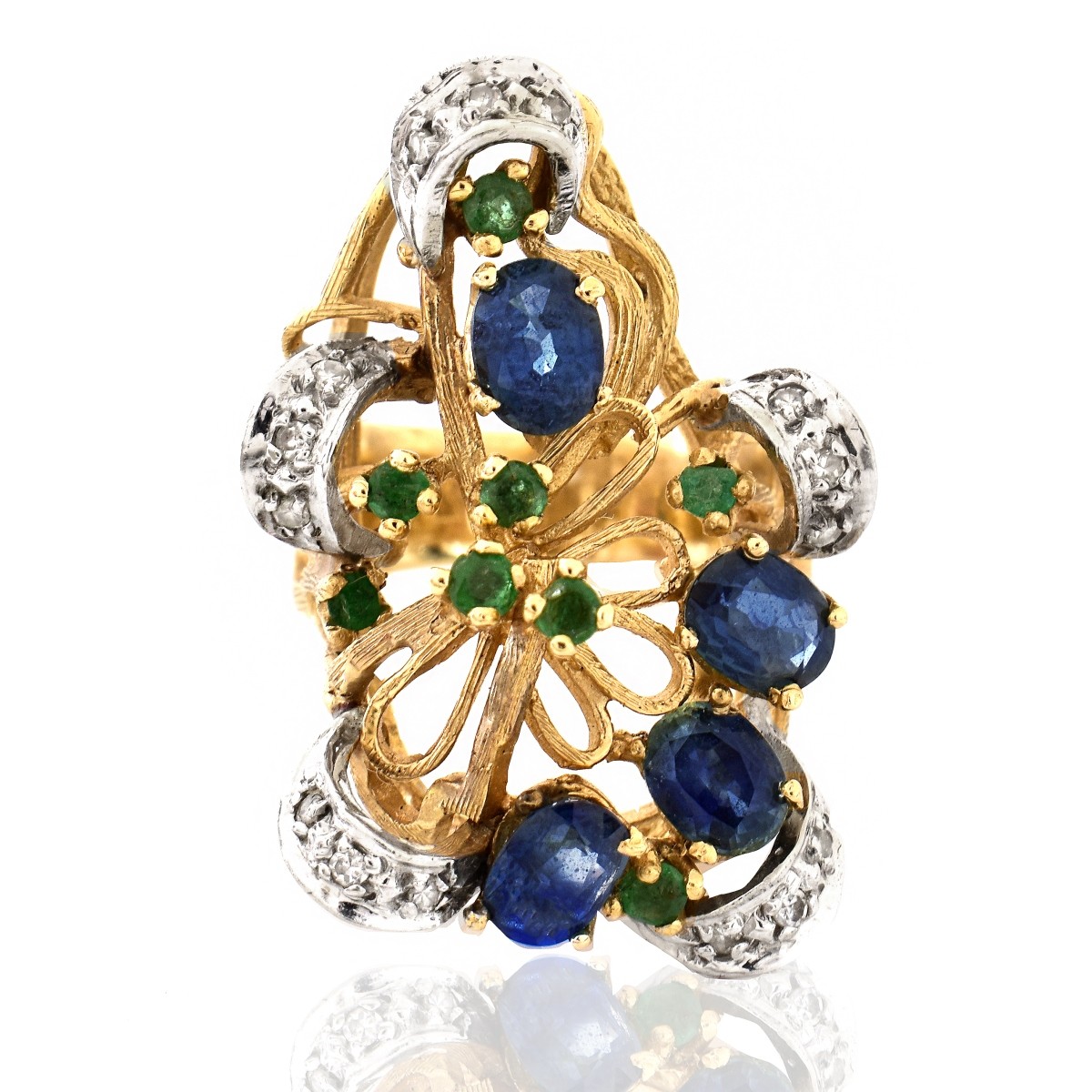 Vintage Sapphire, Emerald, Diamond and 14K Gold Ri