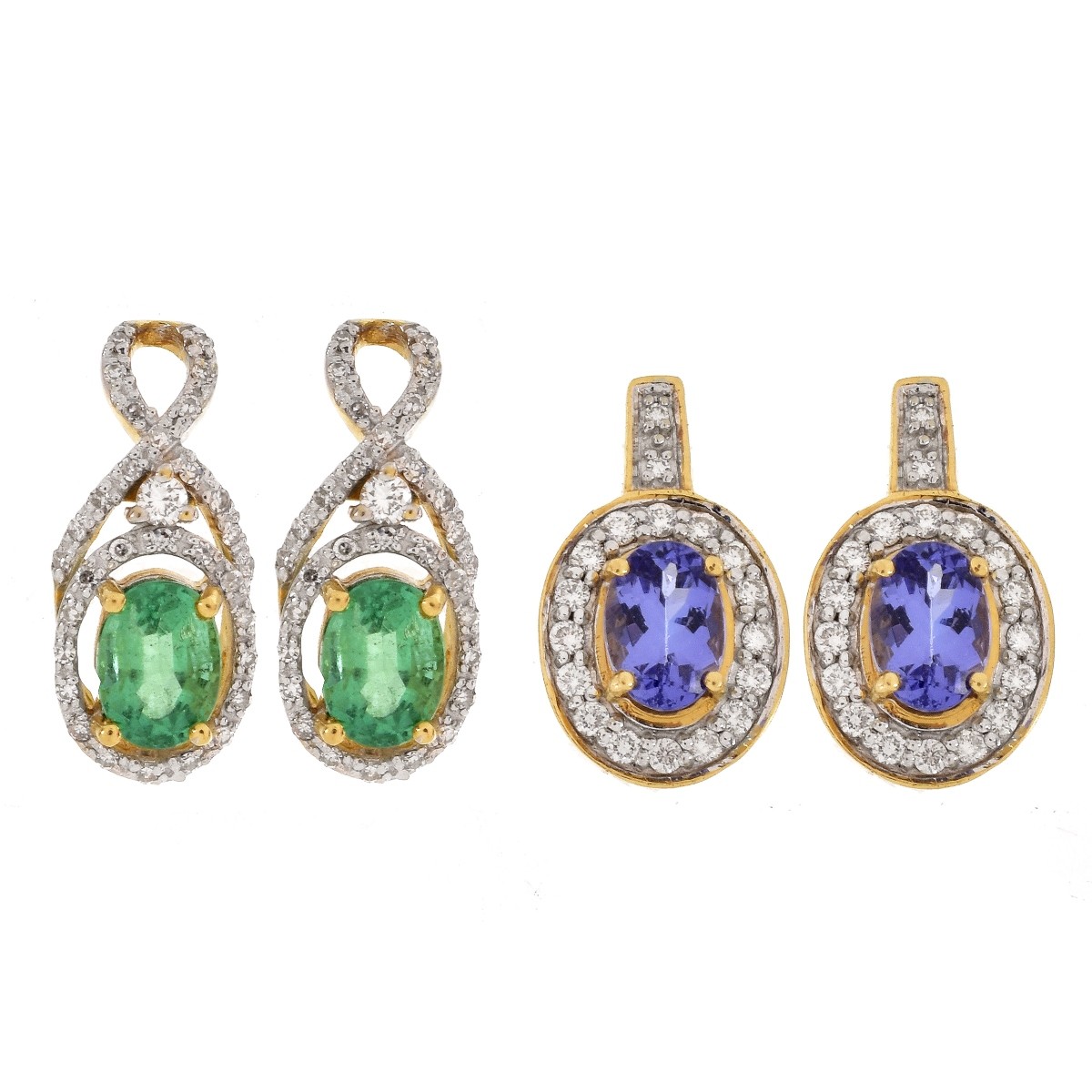 Two Pair Gemstone, Diamond and 18K Gold Earrings