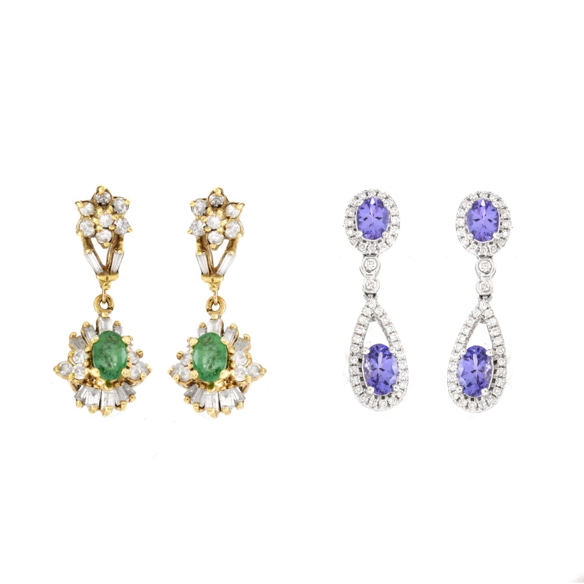 Two Pair Gemstone, Diamond and 14K Gold Earrings