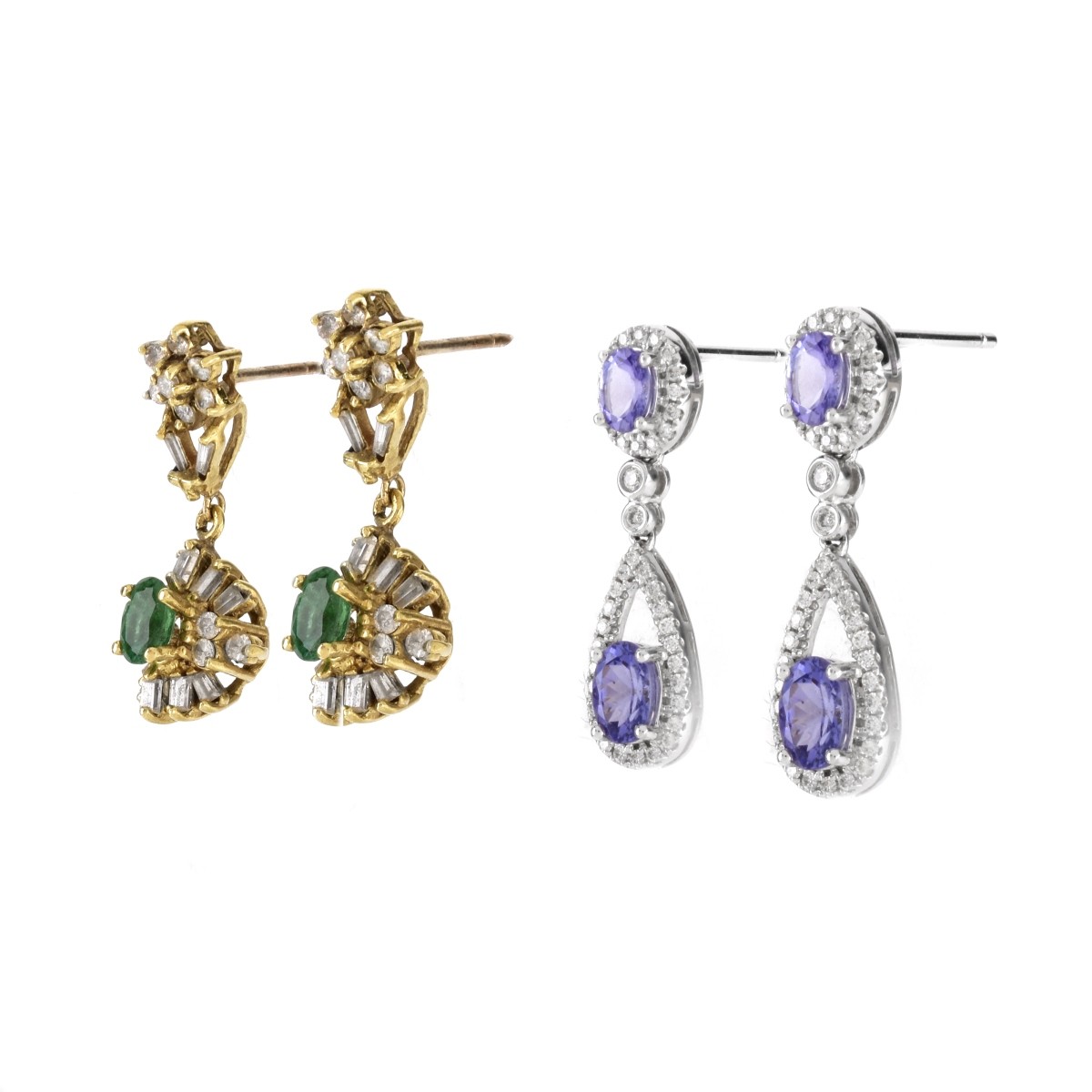 Two Pair Gemstone, Diamond and 14K Gold Earrings