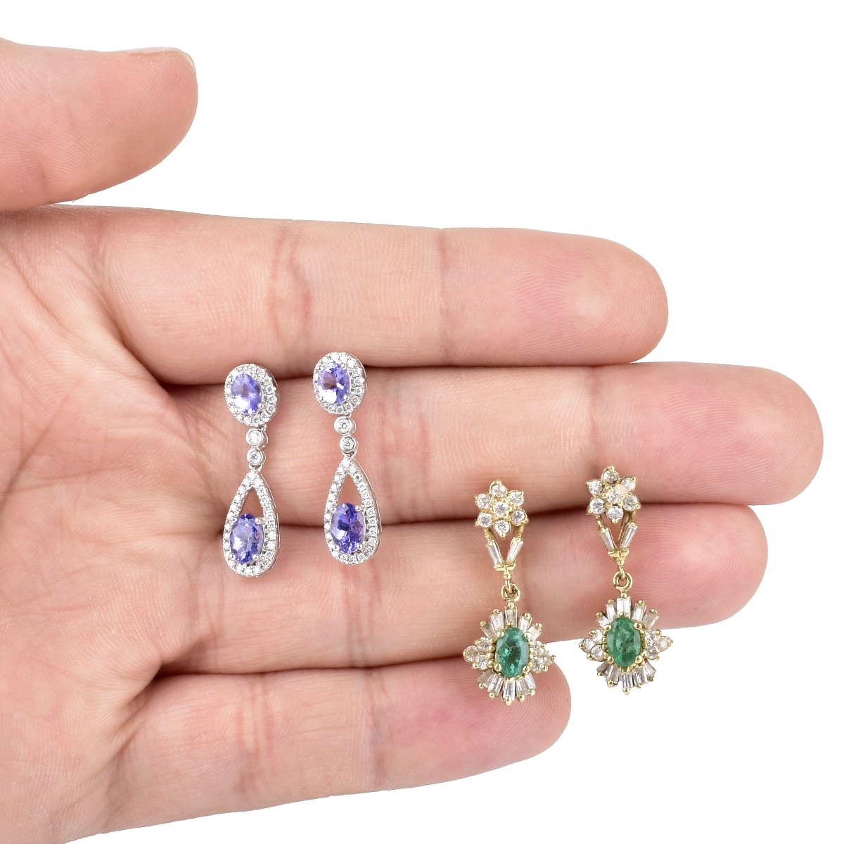 Two Pair Gemstone, Diamond and 14K Gold Earrings