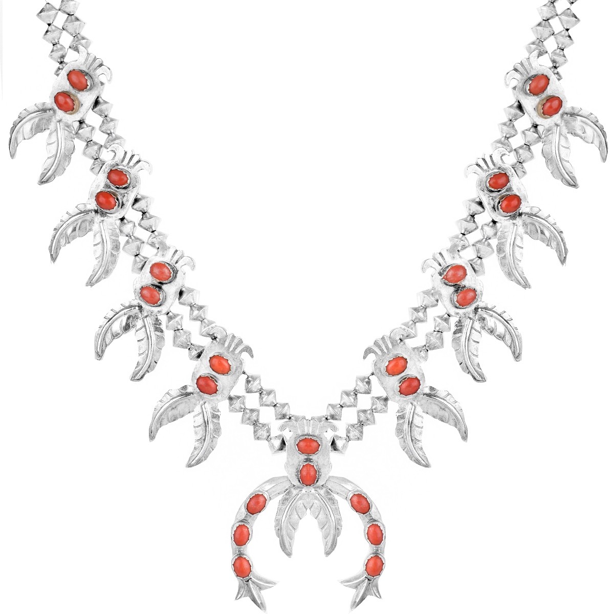 Silver and Red Coral Squash Blossom Necklace