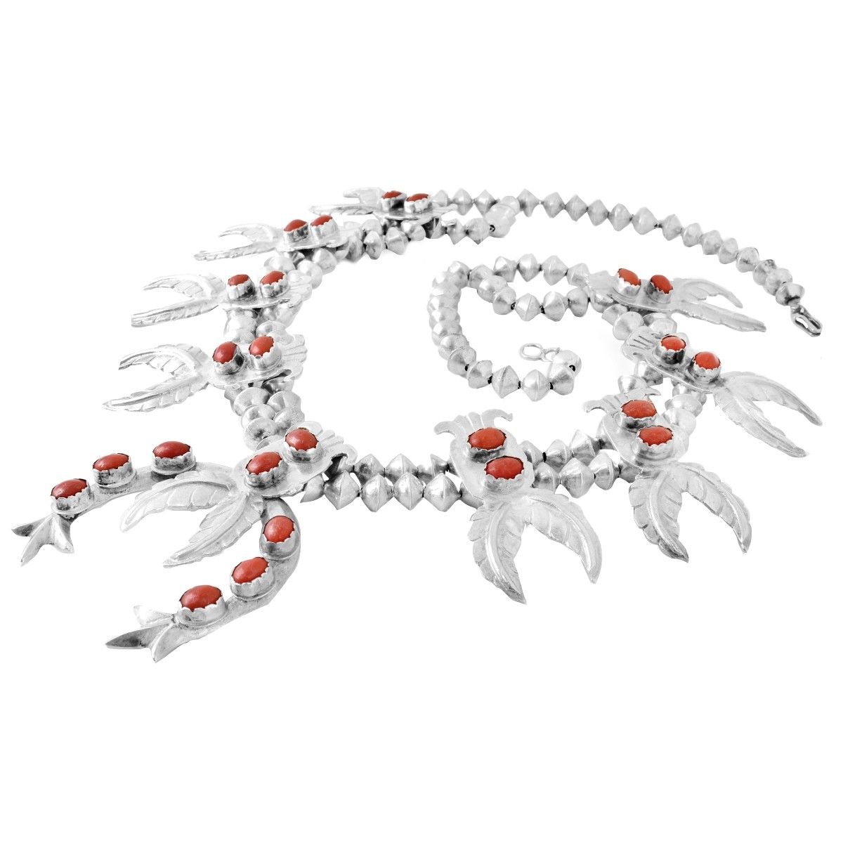 Silver and Red Coral Squash Blossom Necklace