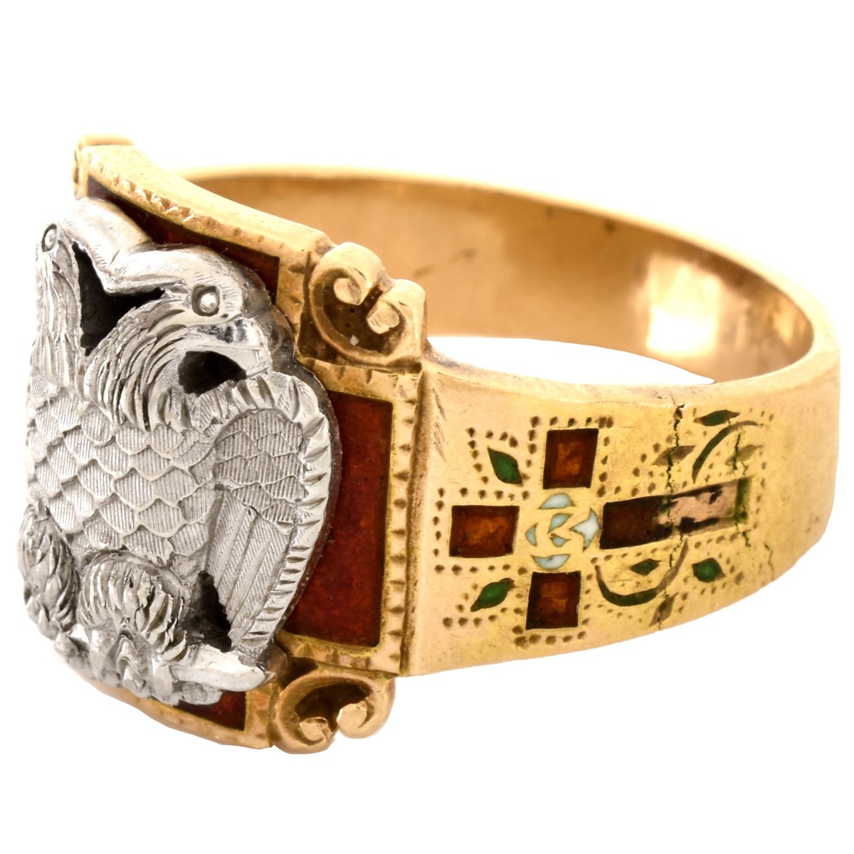 Vintage 14 Karat Yellow Gold Enameled Masonic Ring