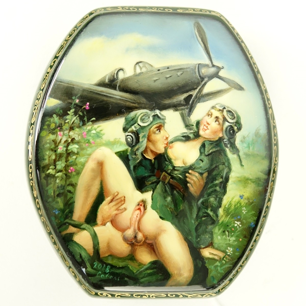 Russian Lacquered Three Part Box with Erotic Scene