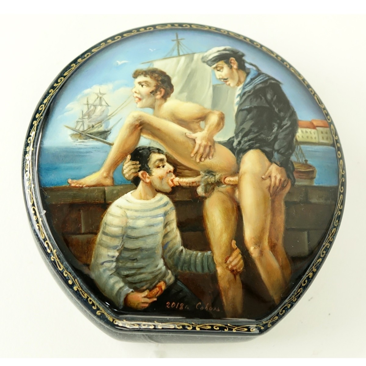 Russian Lacquer Hinged Box With Erotic Scenes
