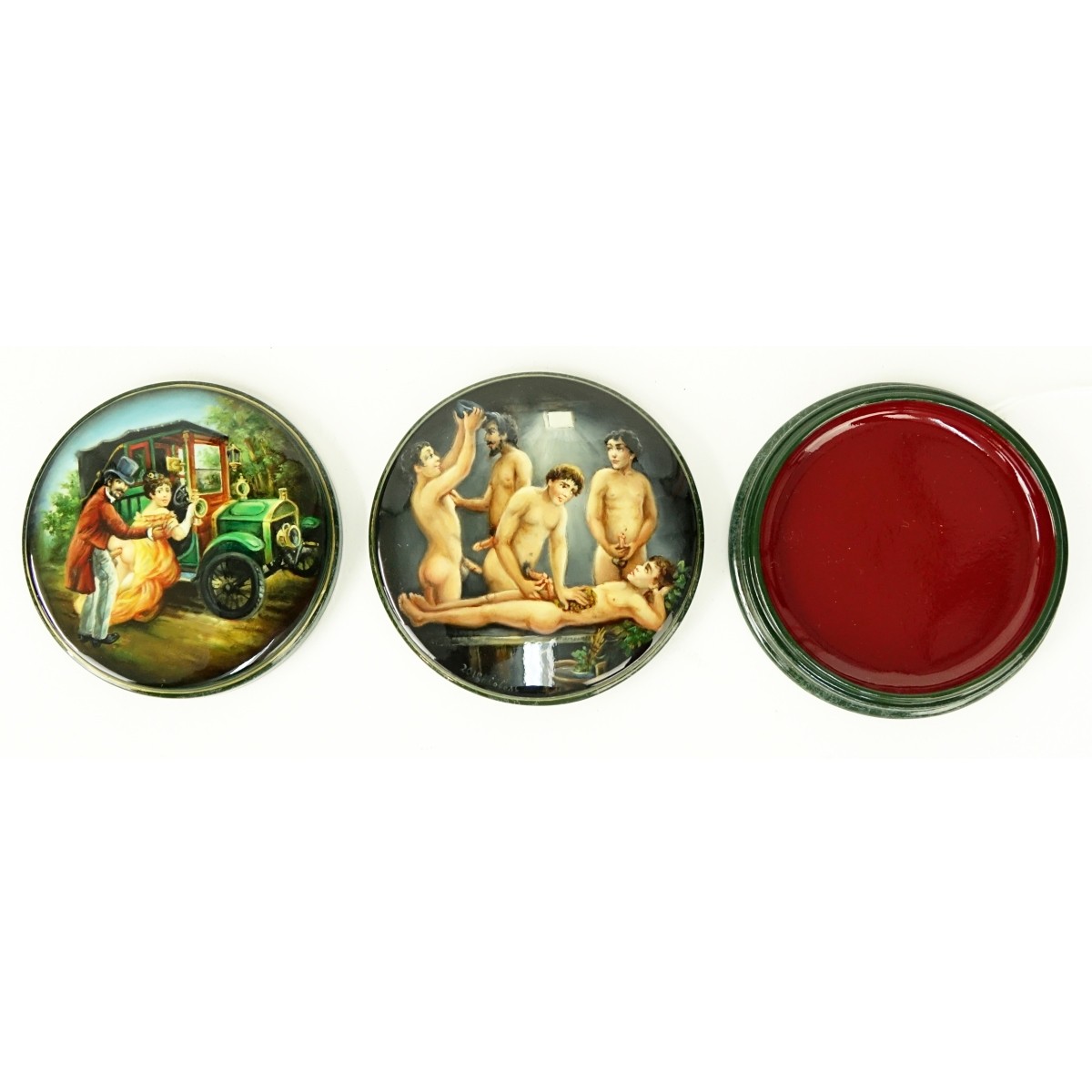 Russian Lacquered Three Part Box with Erotic Scene