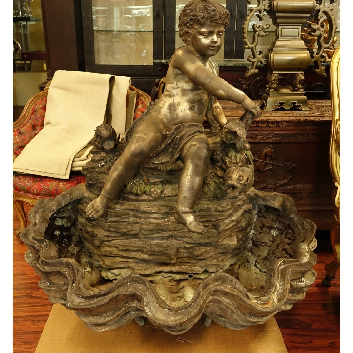 Large Bronze 2 Piece Cherub and Dolphin Fountain