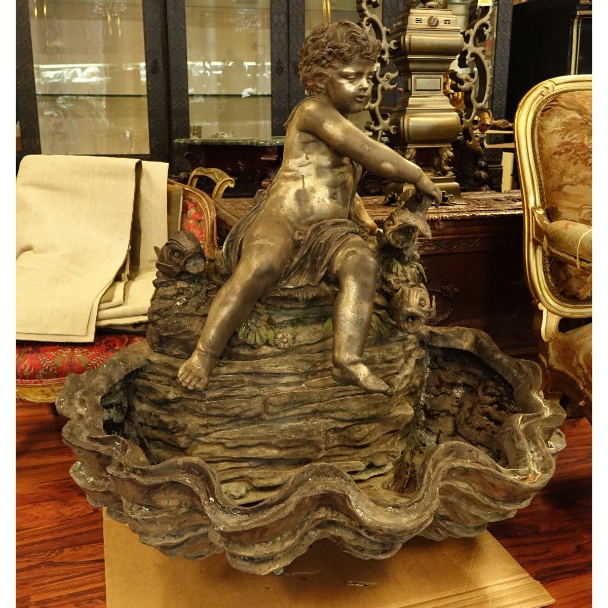 Large Bronze 2 Piece Cherub and Dolphin Fountain