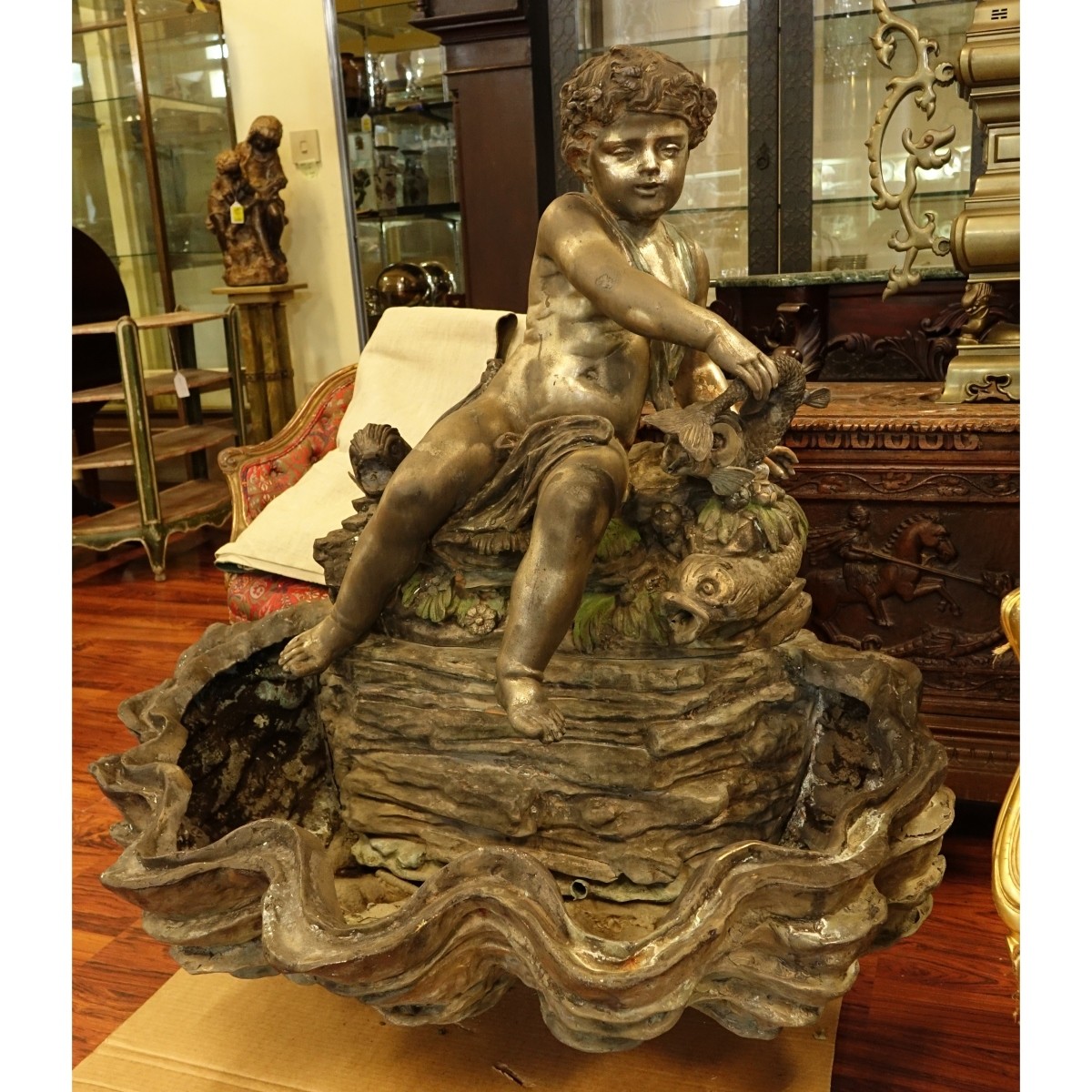 Large Bronze 2 Piece Cherub and Dolphin Fountain