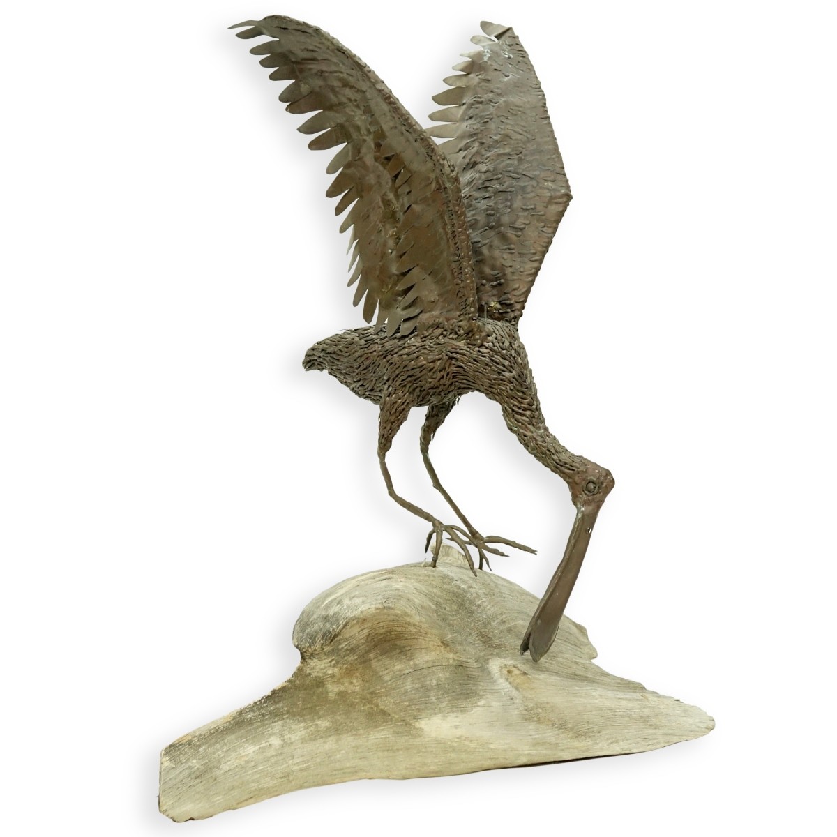 Brass Spoonbill Bird Sculpture Driftwood Base