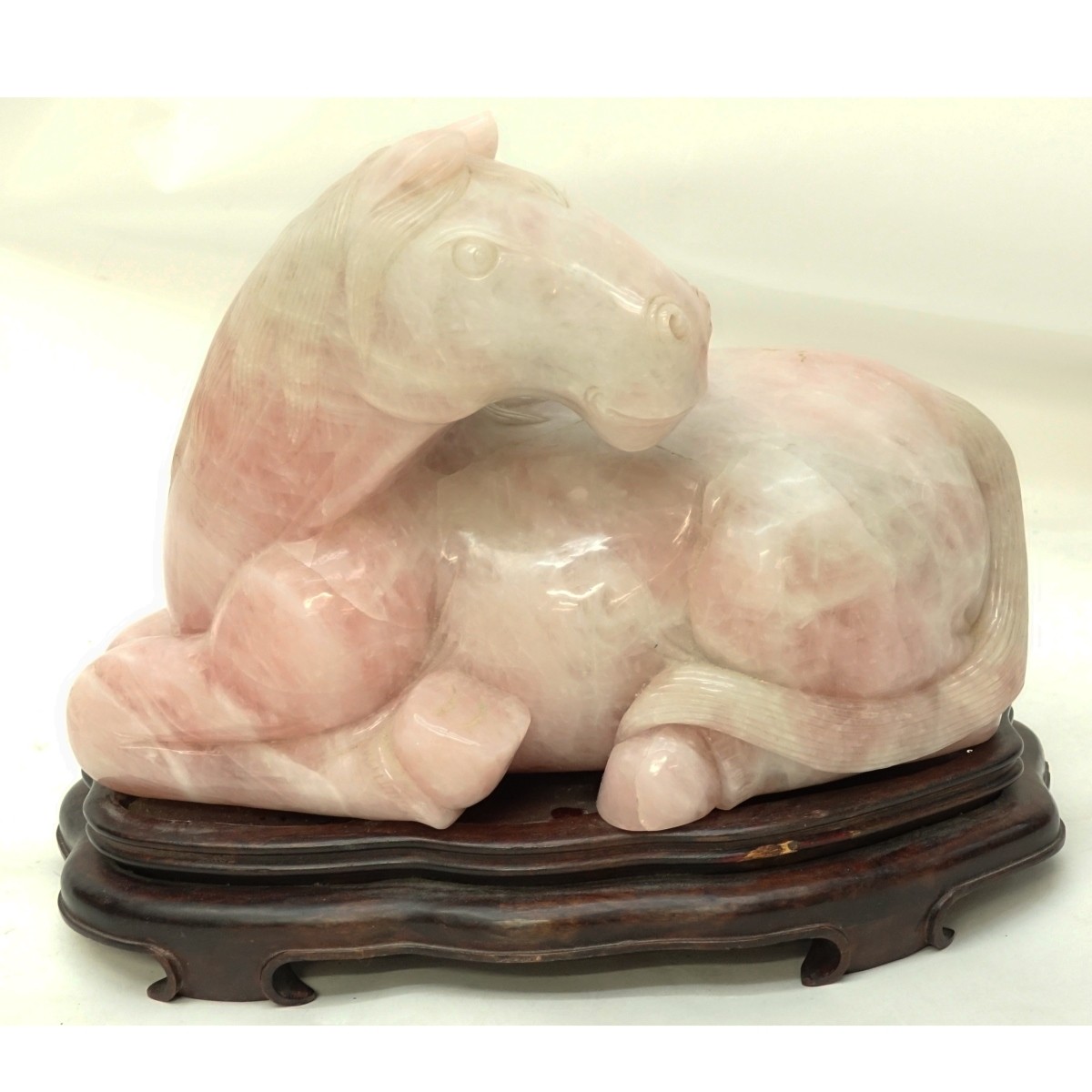Large Chinese Carved Rose Quartz Recumbent Horse