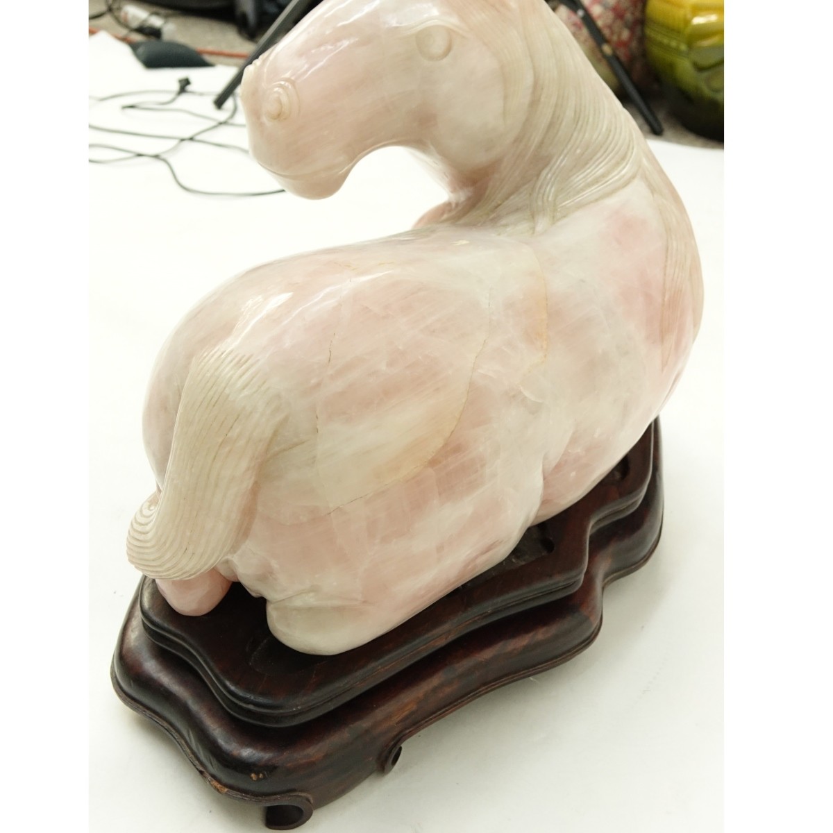 Large Chinese Carved Rose Quartz Recumbent Horse