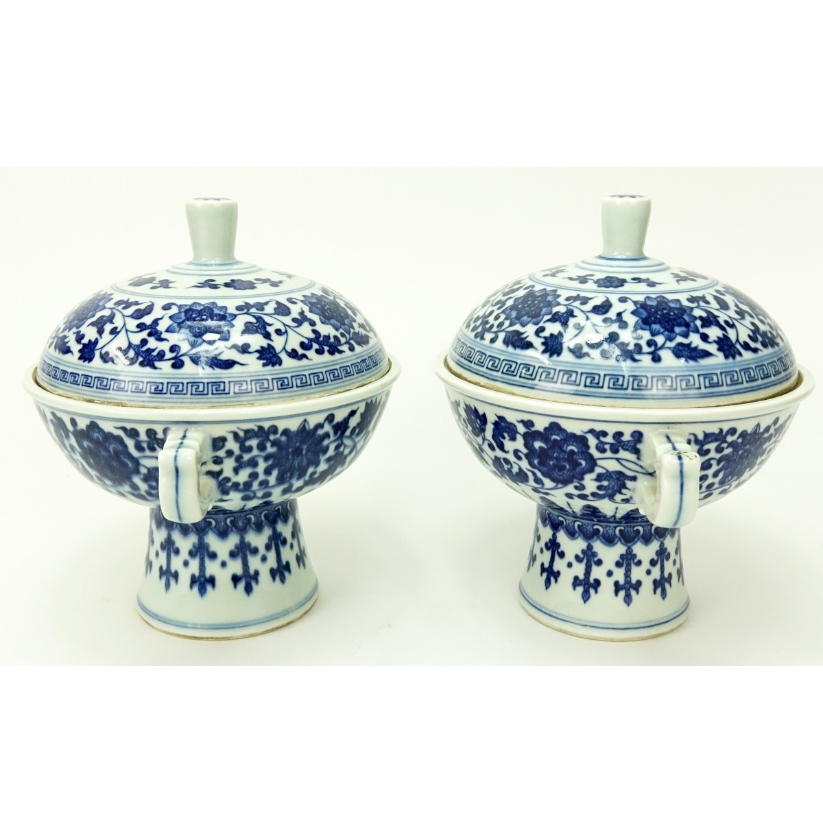 Pair Chinese Blue & White Porcelain Covered Bowls