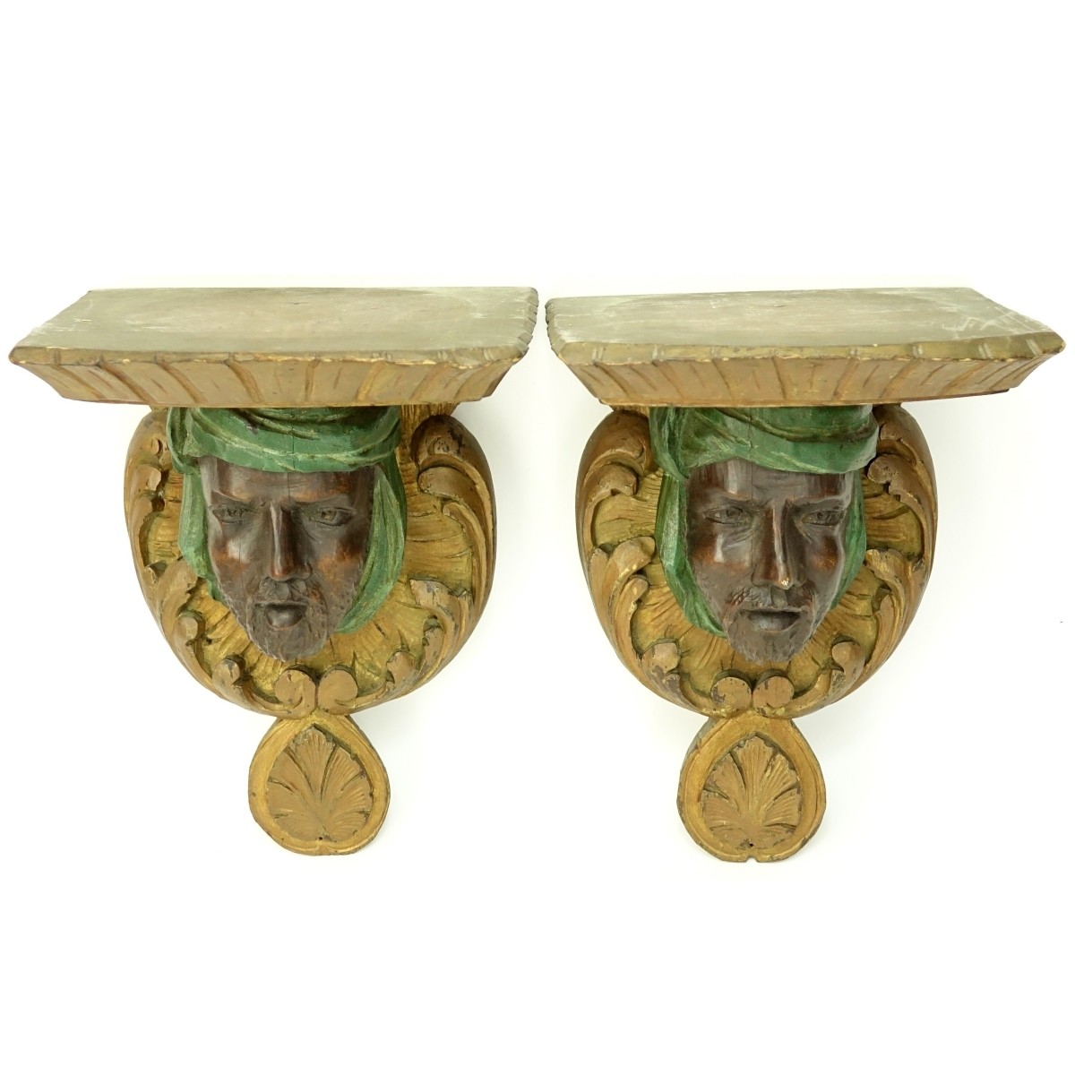 Pair of Carved Wood Arab Figural Wall Brackets