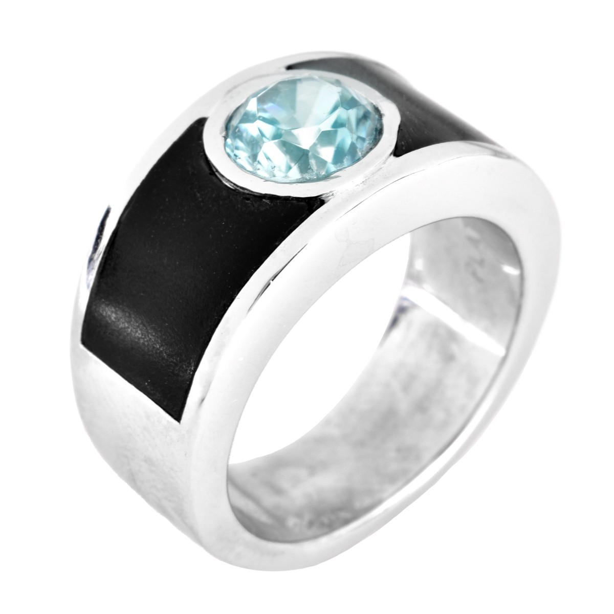 Man's Platinum, Coral and Blue Zircon Ring