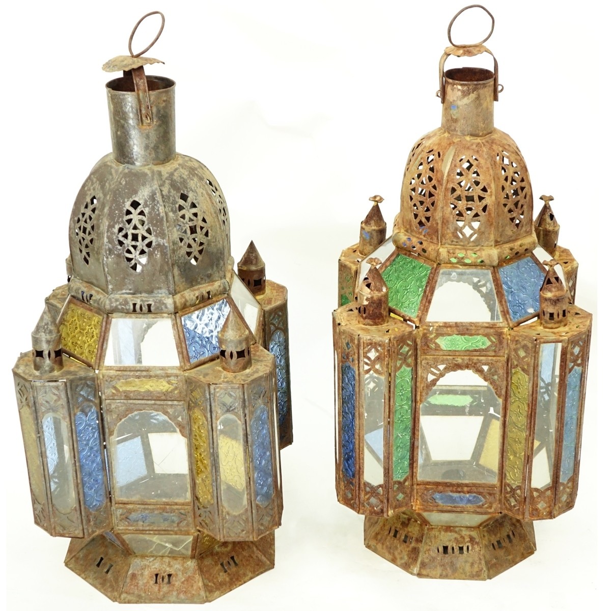 Pair of Antique Moroccan Metal and Glass Lanterns