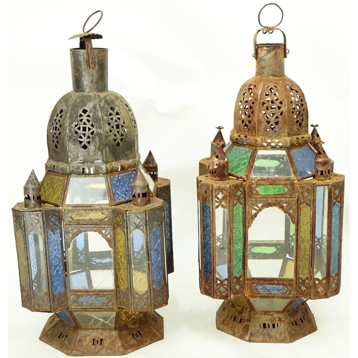 Pair of Antique Moroccan Metal and Glass Lanterns