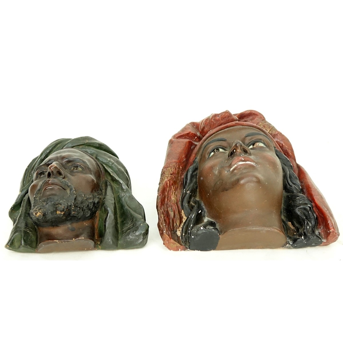 Two Large Vintage Polychrome Pottery Arab Heads