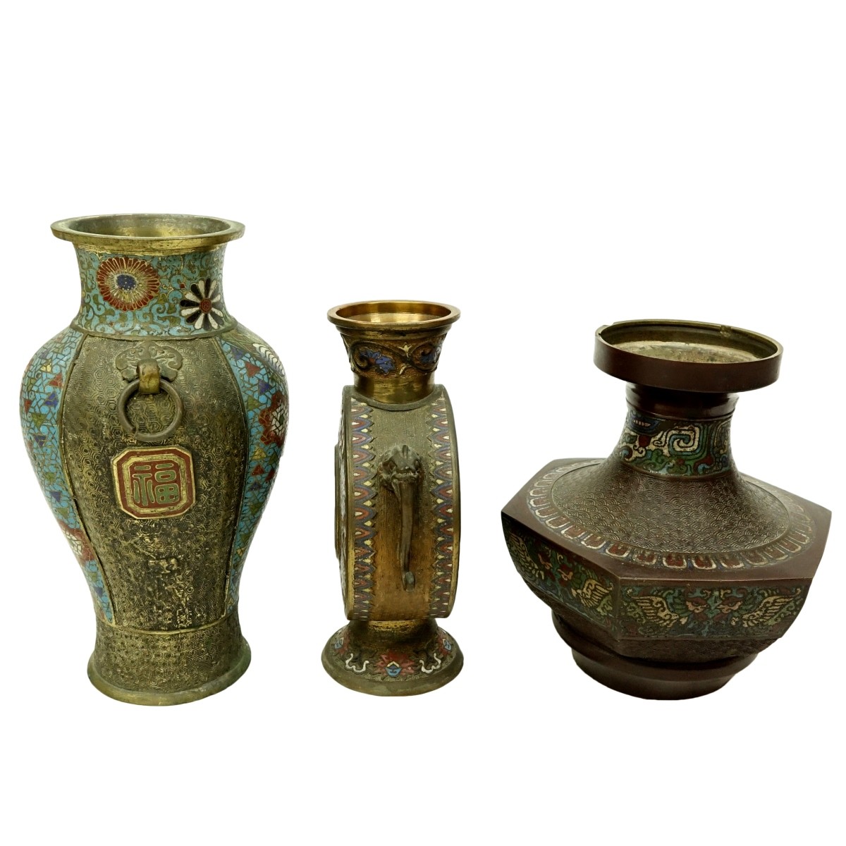 Three Impressive Japanese Bronze Champleve Vases