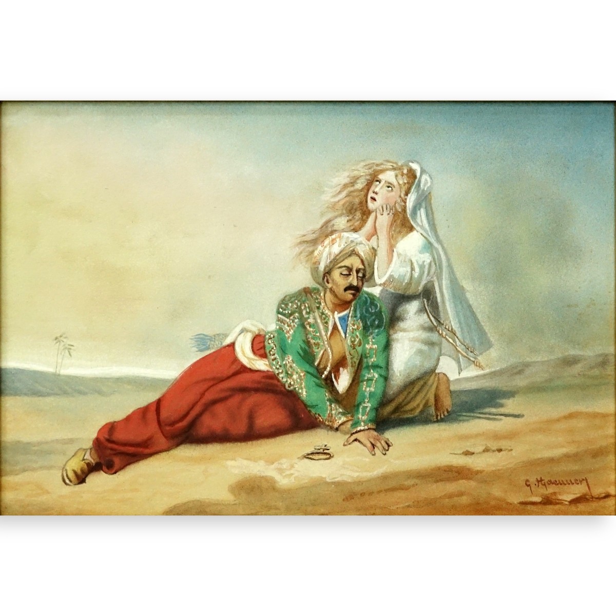 Antique Orientalist School Oil On Panel "Lovers"