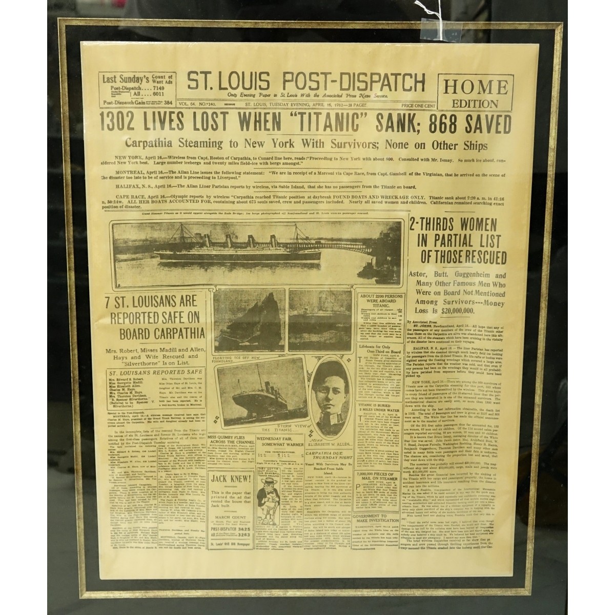 Two (2) Framed Antique Titanic Newspaper Clippings