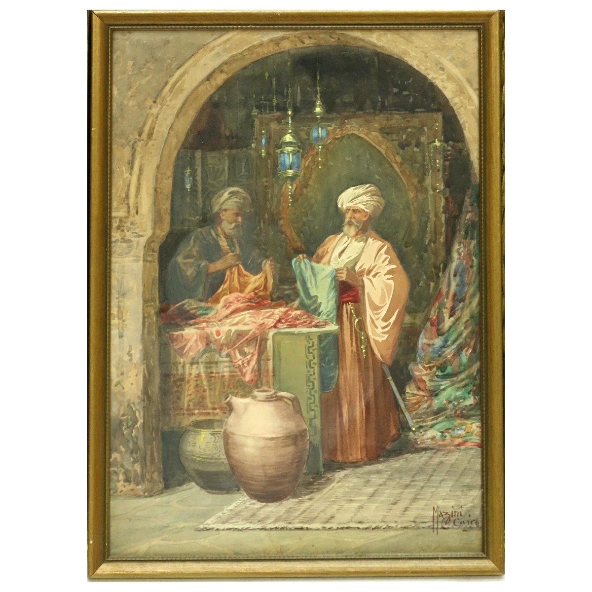 Ciro Mazini (19/20th C) Watercolor "The Bazaar"