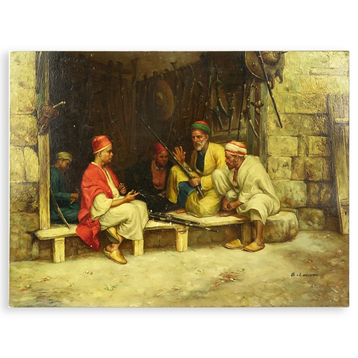 Orientalist School Oil On Board "Men With Weapons"