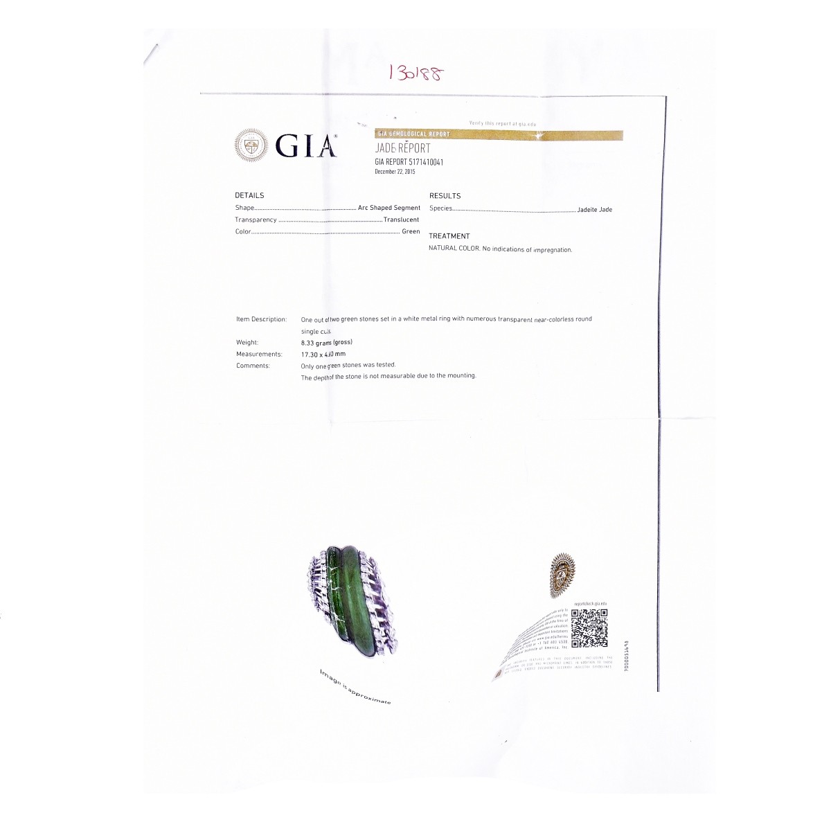 GIA Jade, Diamond and Platinum Ring