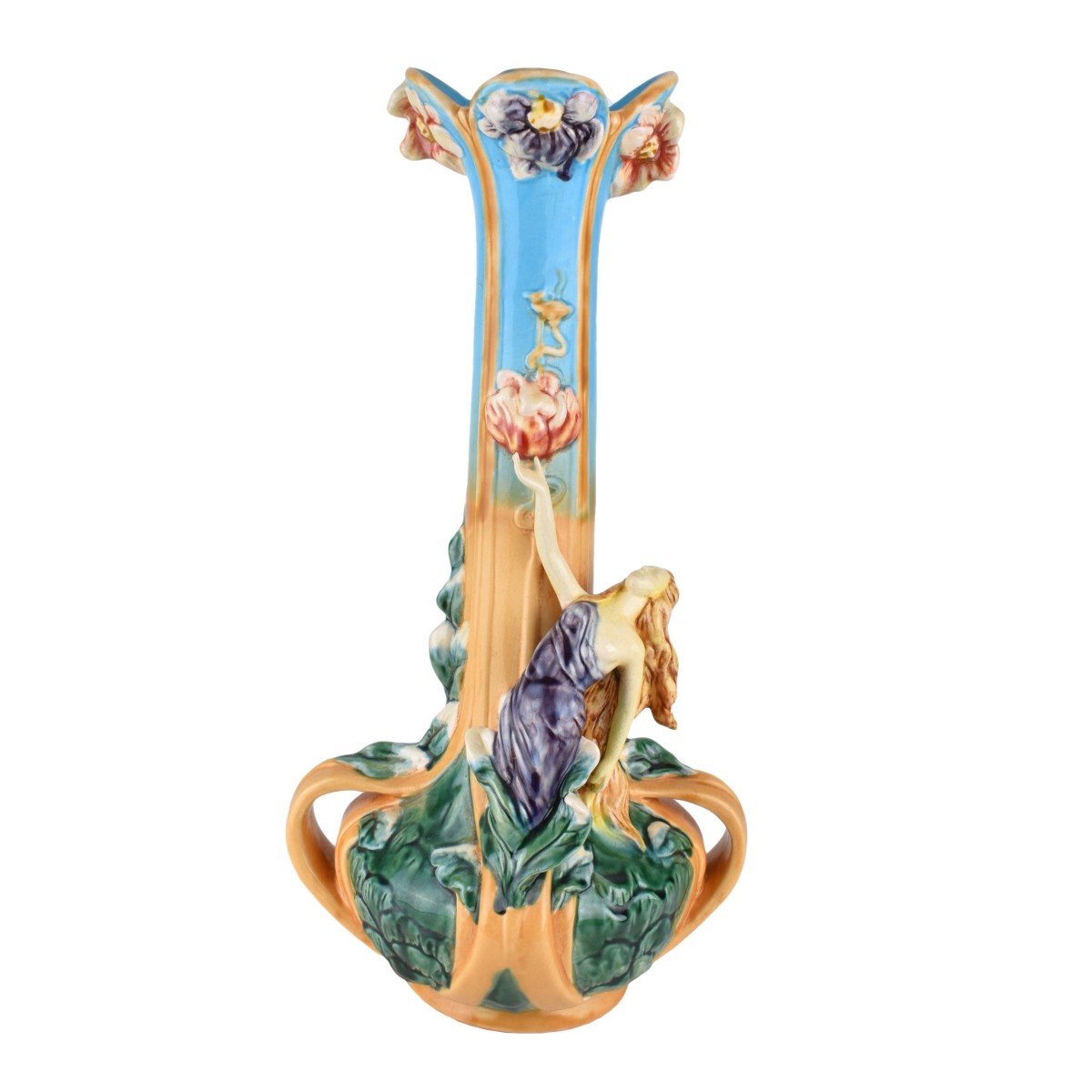 Large Majolica Glazed Porcelain Figural Vase