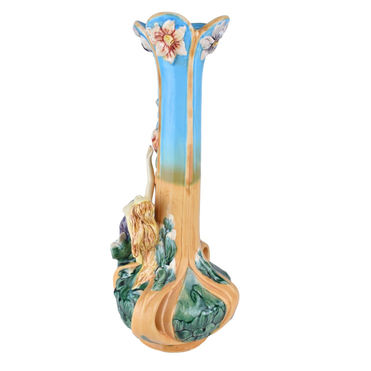 Large Majolica Glazed Porcelain Figural Vase