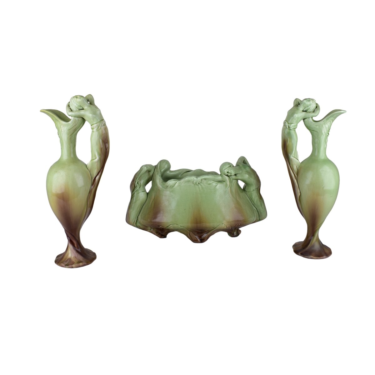 Three Piece Art Nouveau Amphora Figural Garniture