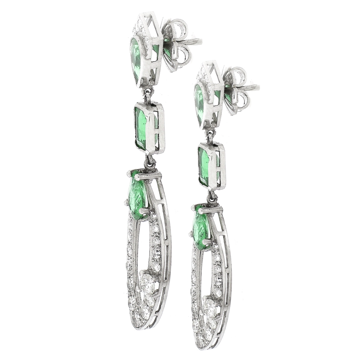 Art Deco Platinum, Diamond and Emerald Earrings
