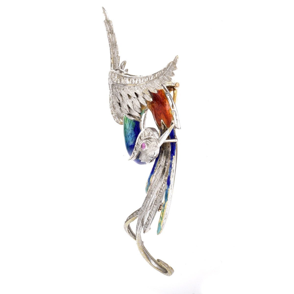Vintage Diamond, Enamel and 14K Gold Brooch